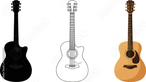 Acoustic guitar illustration set black outline and color musical instrument vector design art
