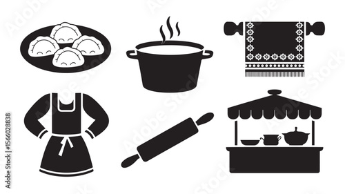 Pierogi Pot Apron Rolling Pin Towel Food Market Icon Set for Eastern European Cuisine and Festival