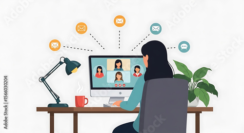 Woman Attending Video Conference Call on Computer at Desk