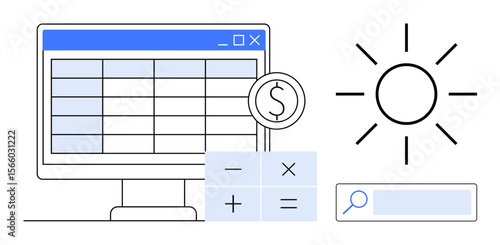 Computer screen with financial spreadsheet, calculation buttons, dollar sign, sun icon, and search bar. Ideal for finance, budgeting, accounting, analytics business strategy wealth planning simple