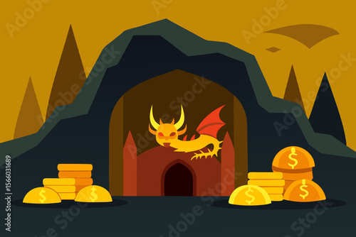 A Dragon Cave Scene With Gold Coin Shapes For A Fun And Magical Fantasy Adventure
