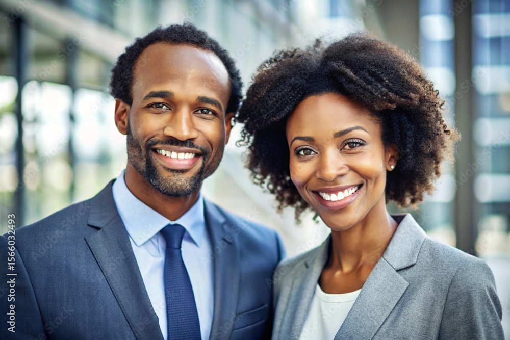 A man and a woman are smiling for the camera A man and a woman are smiling for the camera