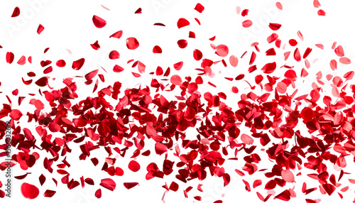 Red rose petals fluttering on a white background.
