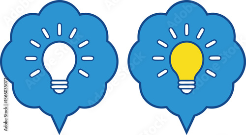 Two blue thought bubbles with light bulbs one yellow representing ideas concepts 