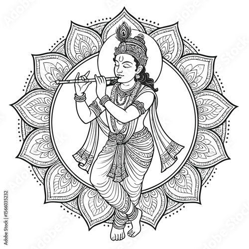 Line art of Lord Krishna playing the flute inside a detailed lotus mandala circle, traditional Indian spiritual illustration, black and white vector style.