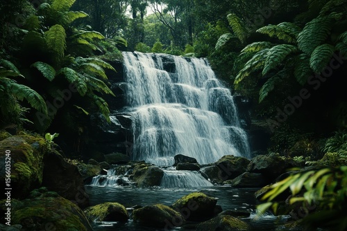 Discover the serene beauty of a hidden waterfall in Tasmania's lush green forest, Tasmania nature Waterfall in forest with green tropical plants and mossy stones