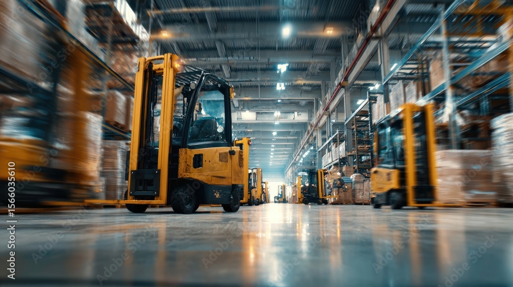 Dynamic Warehouse Scene with Forklifts Transporting Goods on Industrial Aisles Dynamic Warehouse Scene with Forklifts Transporting Goods on Industrial Aisles