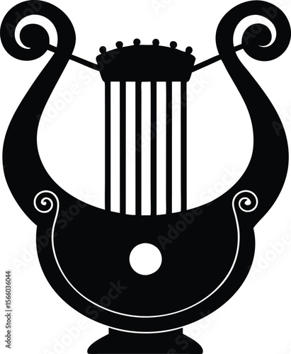 Stylish black and white lyre logo design. Harp of Orpheus silhouette vector illustration. Elegant Black and White Line Art of a Lyre