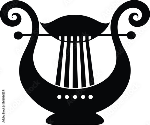 Stylish black and white lyre logo design. Harp of Orpheus silhouette vector illustration. Elegant Black and White Line Art of a Lyre