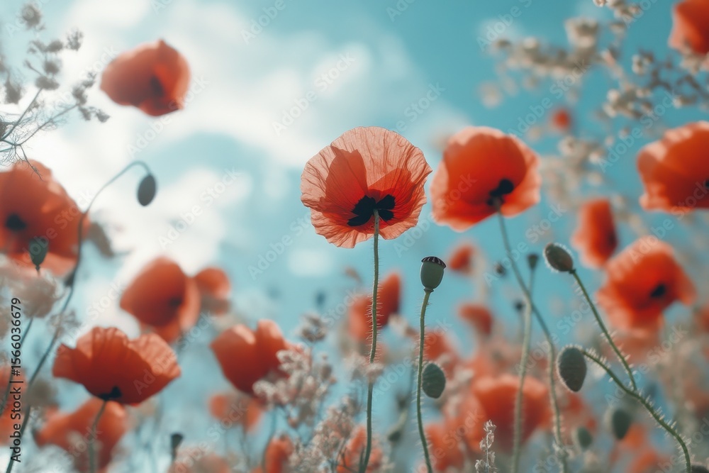 Obraz premium Bright red poppy flowers blooming under a clear summer sky in a vibrant landscape, Red poppy flowers at summer time close up,