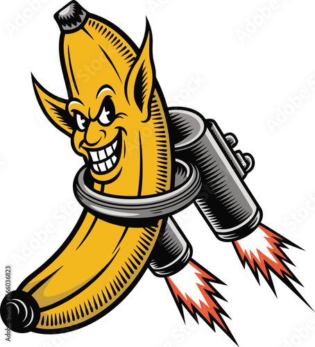 Evil Banana with Jetpack Cartoon Illustration