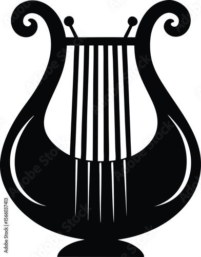 Stylish black and white lyre logo design. Harp of Orpheus silhouette vector illustration. Elegant Black and White Line Art of a Lyre