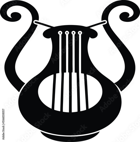 Stylish black and white lyre logo design. Harp of Orpheus silhouette vector illustration. Elegant Black and White Line Art of a Lyre