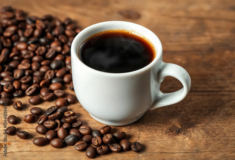Steaming cup of coffee with scattered coffee beans on rustic wood, latte, breakfast Steaming cup of coffee with scattered coffee beans on rustic wood, latte, breakfast