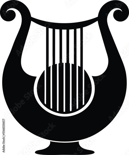Stylish black and white lyre logo design. Harp of Orpheus silhouette vector illustration. Elegant Black and White Line Art of a Lyre