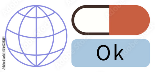 Globe for global reach, capsule for health and medicine, Ok button for approval or confirmation. Ideal for global access, healthcare, technology, communication, approval systems, validation simple