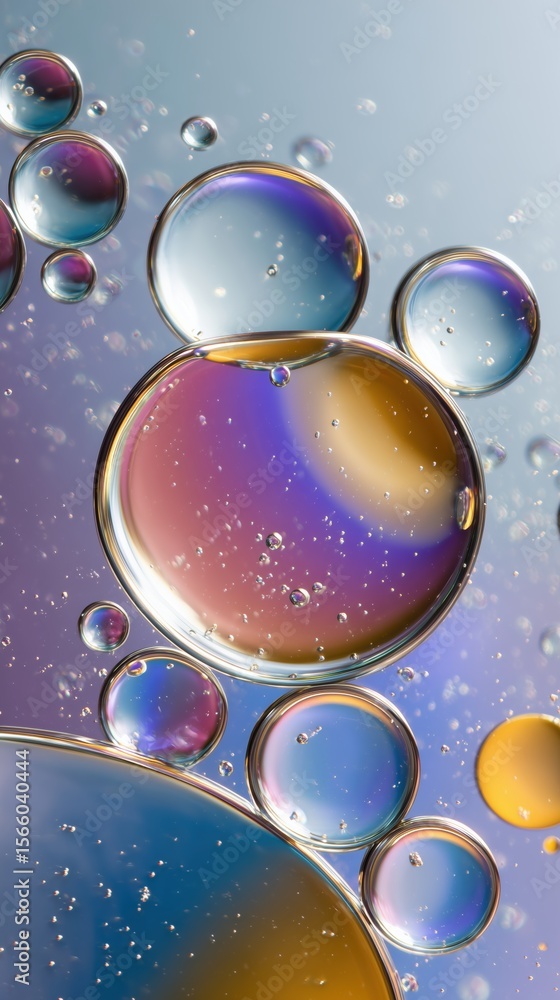 Fototapeta premium Colorful bubbles floating in abstract background macro photography