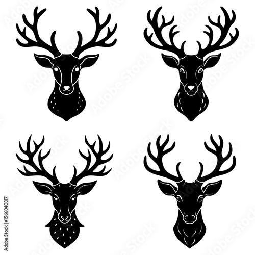 Four stylized deer heads with antlers in black and white vector illustration graphic design art