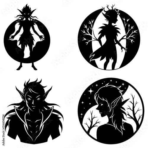 Wallpaper Mural Four stylized black and white illustrations of fairy like creatures in various circular frames Torontodigital.ca