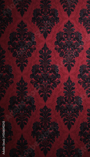 Ornate Detailed Floral Damask Pattern on a Rich Red Backdrop Background