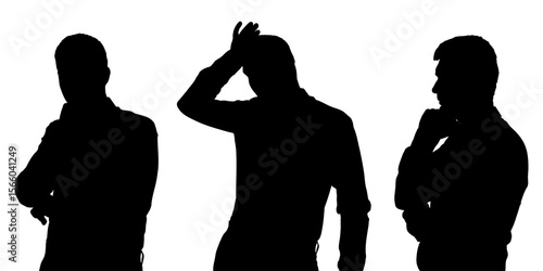 Silhouette of thoughtful man, side view. Set. Vector illustration