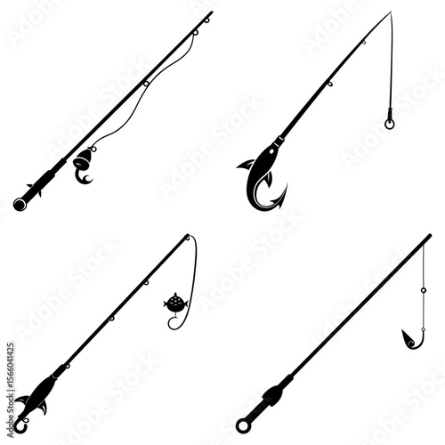 A collection of four fishing rods with different hooks and lures in a black and white illustration