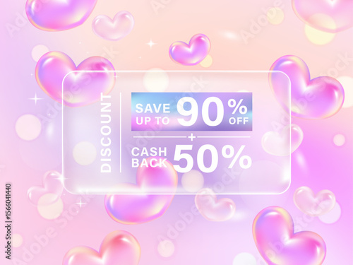 Transparency coupon banner for Discount online shopping with Holography Vibrant Gradient hearts shape and decorations background. Vector Premium.