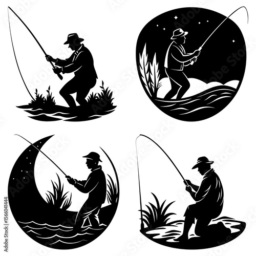 Four monochrome silhouette scenes of fishermen casting lines in various natural settings and times