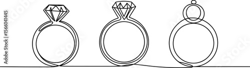 Elegant continuous line drawing of diamond rings for wedding engagement and jewelry store advertisement editable vector