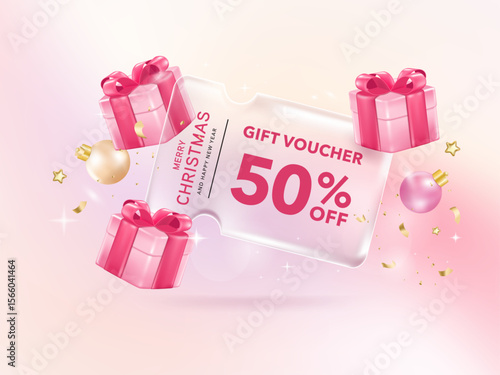 Transparency coupon banner for Discount online shopping with Merry christmas gift box decorations background. Vector Premium.
