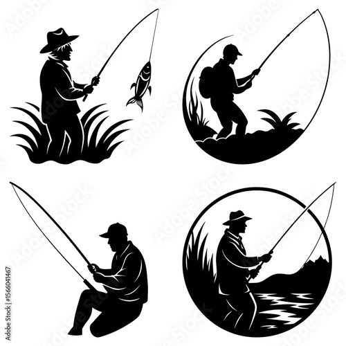 Four fishing scenes depicting fishermen with rods in various outdoor settings in black and white style