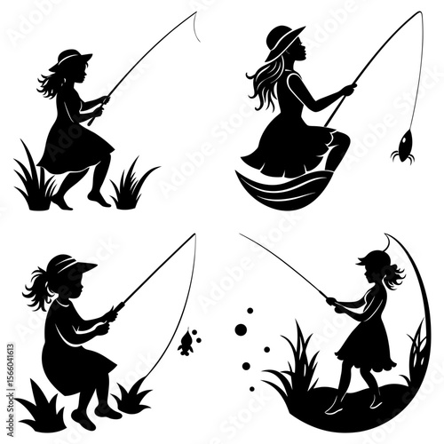 Silhouetted women and girl fishing with rods in various outdoor scenes on a white background image art