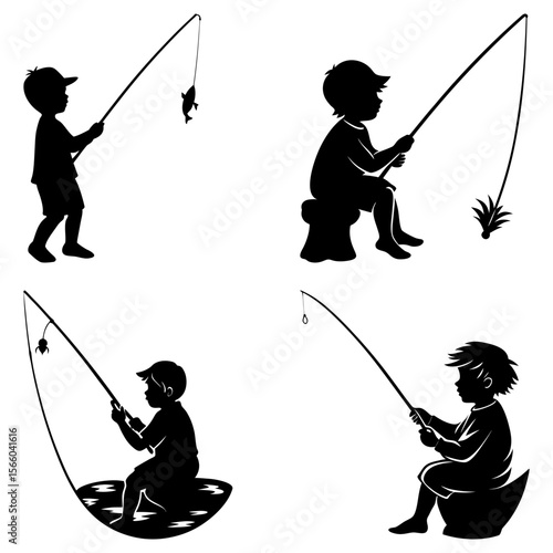Silhouette illustrations depicting boys fishing with rods and caught fish in various poses and settings