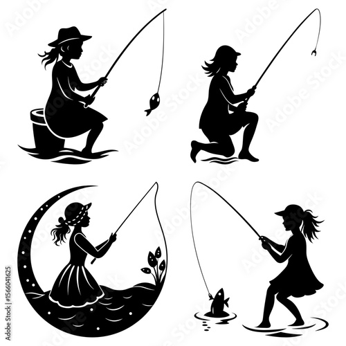 Four silhouettes of girls fishing with rods and caught fish in different water environments shown