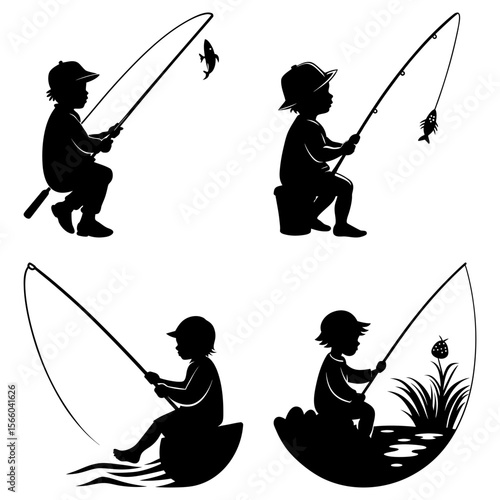 Silhouettes of children fishing with rods and caught fish in various outdoor settings and poses on white