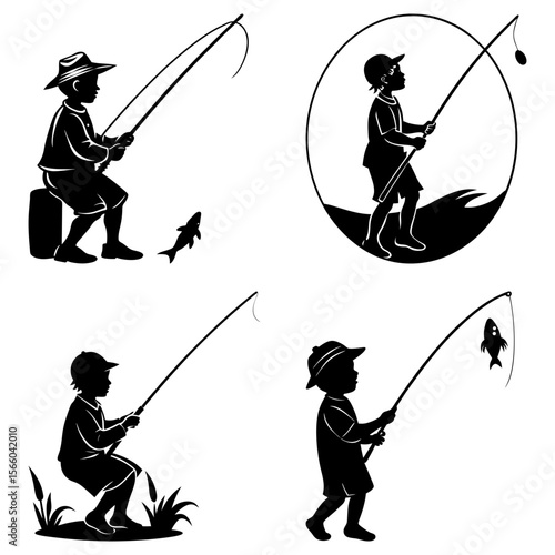 Silhouettes of boys fishing with rods and caught fish in various scenes and compositions, monochrome