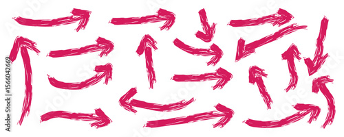 grunge arrows, Hand drawn grunge brush sketch, Red pencil hand drawn various oval, chalked arrows, check marks. Vector illustration isolated on white background. 
