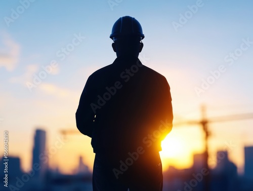 Silhouetted construction worker at sunrise, overlooking an urban skyline with cranes in the background.