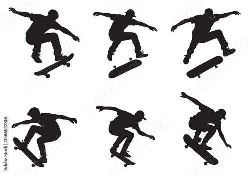 Φωτογραφία Skateboard Trick Silhouette Set – Skater Jumping Vector Icons for Streetwear, Sp