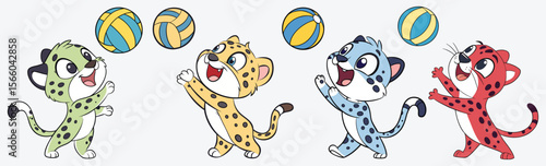 Colorful cartoon leopards play joyfully with volleyballs vector.