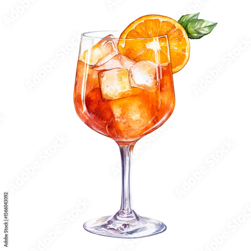 Refreshing watercolor artwork of an Aperol Spritz cocktail with ice cubes and an orange slice, set against a clean, isolated black backdrop, transparent background