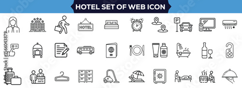 Luxury Hotel Line Style Icon Collection Featuring Reception, Room Service, Spa, Swimming Pool, Concierge, and Vacation Essentials for Websites and Apps Vector Illustration Design