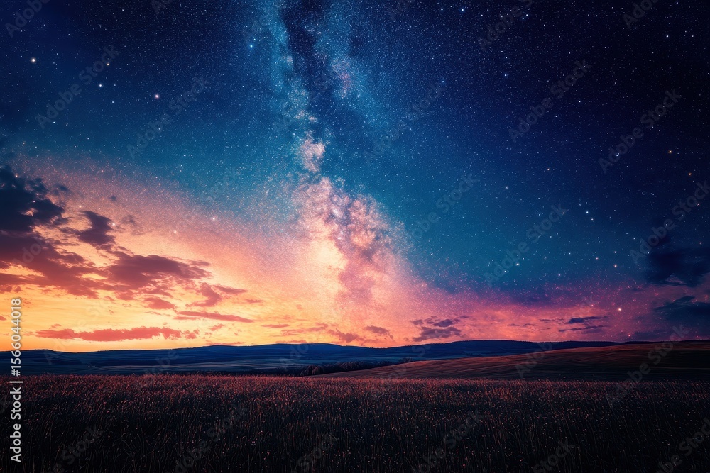 Fototapeta premium Milky Way shines brightly over a serene rural landscape at dusk with a colorful sunset and sparkling stars, Milky Way over rural landscape at dusk with stars and vibrant twilight colors