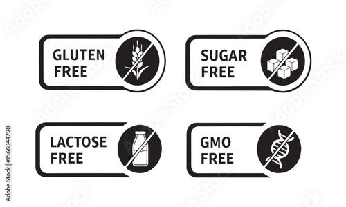 Gluten free, Sugar free, Lactose free, GMO free vector icon set on white background