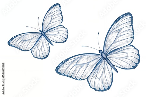 Elegant blue line art drawing of two detailed butterflies with intricate wing patterns on a clean white background