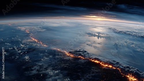 Aerial view of Earth's atmosphere and a glowing volcanic rift at sunset