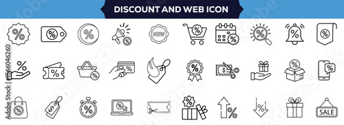 Discount and Promotion Line Icon Set  Shopping and E-Commerce Linear Icons Featuring Labels, Price Tags, Coupons, Special Offers, Credits, and Sales, Editable Stroke Vector Illustration Design