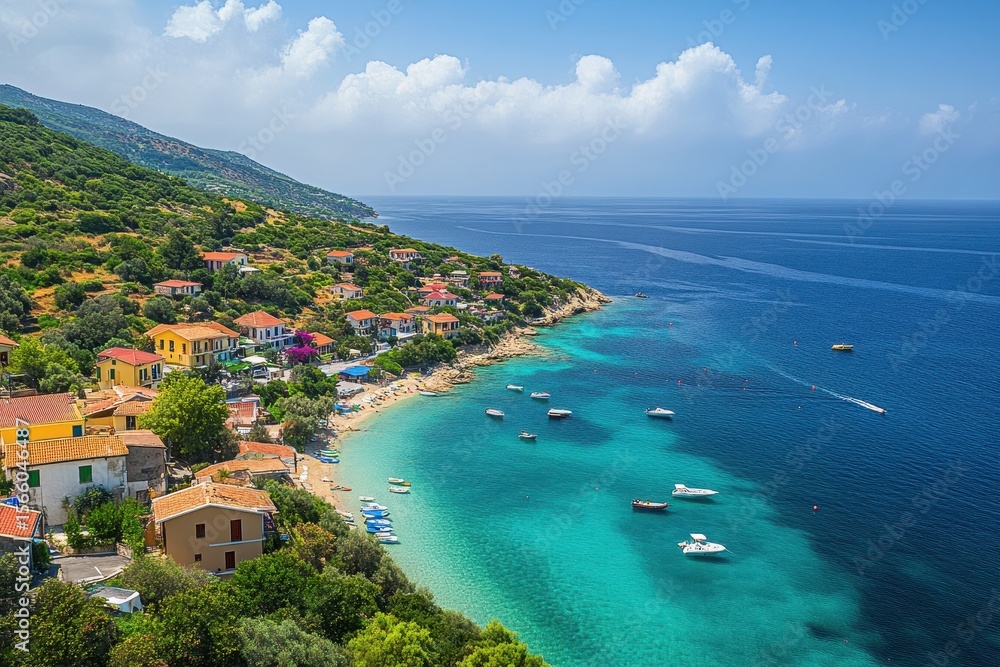 Obraz premium Breathtaking view of Kefalonia coastline with vibrant blue waters and charming houses, Tourist resort town in Greece Kefalonia greek island aerial view