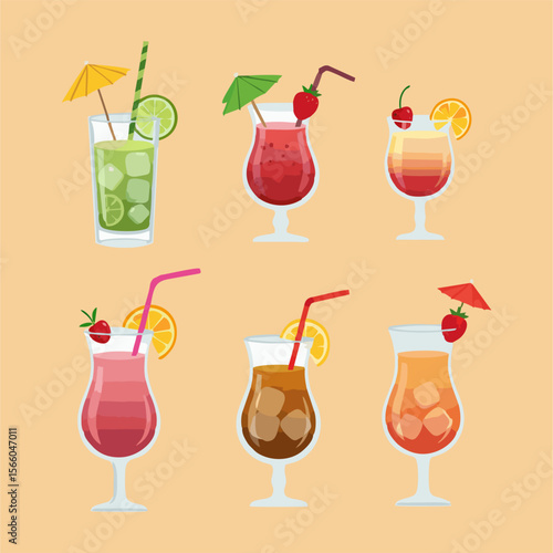 Flat vector illustration of a colorful collection of tropical and exotic cocktails and drinks