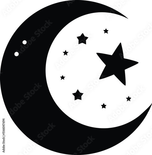 Moon and stars silhouette, Moon crescent icon, silhouette of moon with sparkle. vector illustration